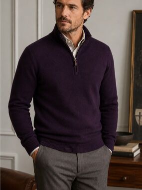 Alan Flusser 100% Cashmere Purple Quarter Zip Pullover Sweater Men’s XXL